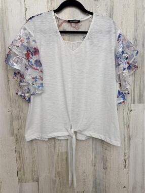 Blu Heaven Women’s Large White Floral Sheer Sleeve Tie Front Top
